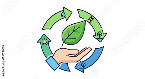 Hand holding green leaf with eco friendly recycling symbols around representing sustainability and environmental conservation