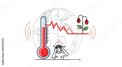 Person feeling heat stress with thermometer and wilting plants on globe background