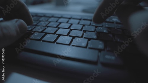 Close up on Hebrew and English computer keyboard as hands type in dark office. Hacker or spy using keyboard clicking on buttons with Hebrew letters. Extreme close up. Technology mystery anonymous