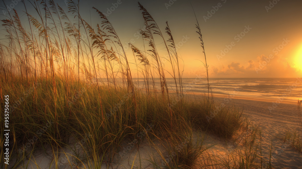 Obraz premium landscape at sunset with tall beach grass swaying in breeze illuminated by golden light fluffy seed heads glowing gentle waves washing sandy shore with copy space coastal landscape, sunset glow, 