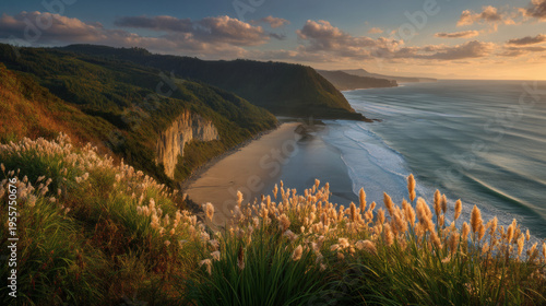 landscape at sunset with tall beach grass swaying in breeze illuminated by golden light fluffy seed heads glowing gentle waves washing sandy shore with copy space coastal landscape, sunset glow, 