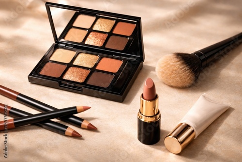 Chocolate eyeshadow palette on teal background beauty flatlay