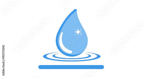 Blue water drop with ripples and star symbol on white background representing purity and freshness