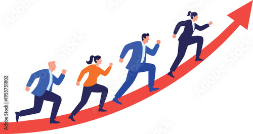 Business professionals running up an arrow
