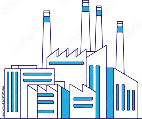 Industrial factory building icon, vector illustration of manufacturing plant with chimneys