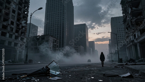 Solitary Walker Through Ruined City