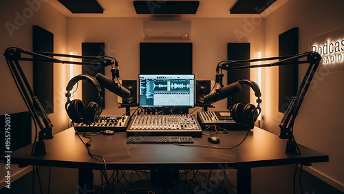 Dynamic neon play button and 'STUDIO' text sign glowing brightly on a textured dark brick wall, symbolizing digital content creation and media production