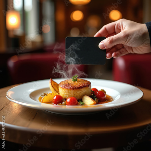 A hand holds a card over a steaming dish of potatoes and tomatoes. The meal appears elegant and is served in a dimly lit restaurant setting. This photo suggests fine dining and a payment transaction.