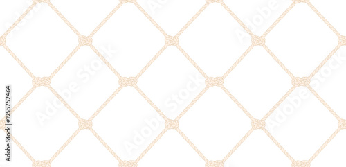 Seamless rope net and sea knots pattern in marine style. Minimal nautical texture with diamond grid Vector transparent background for textile, print, fabric, branding and nautical themed summer design