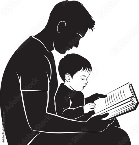Silhouette of a father reading a storybook to his young son while sitting together, fostering early literacy.