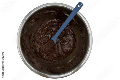 Konstfotografi looking down into a mixing bowl with moist brownie mix on a transparent backgrou