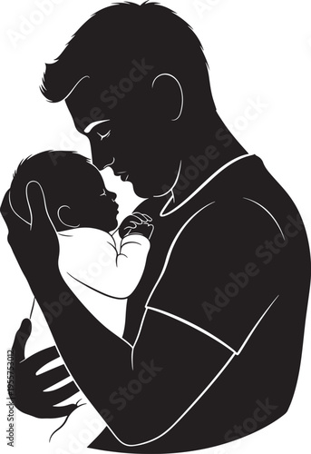 Tender silhouette of a father holding and cuddling his newborn baby in a loving embrace.