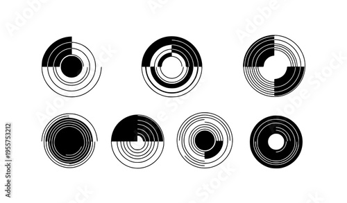 Modern geometric round ornament vector collection with black abstract circular shapes and minimal design