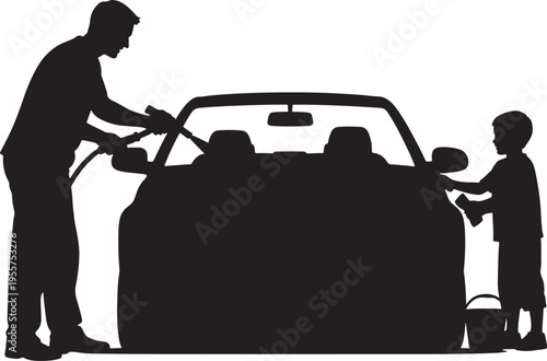 Silhouette of a father and son washing a convertible car together outdoors, bonding over chores.
