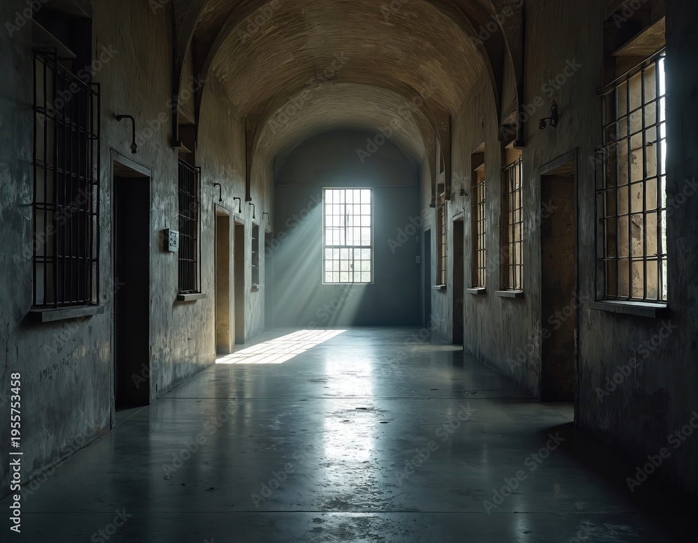 Obraz premium Long prison corridor with barred windows and cell doors. Sunlight streams through window creating dramatic light and shadow. Empty hallway inside historic jail building. Concrete floor, stone walls.