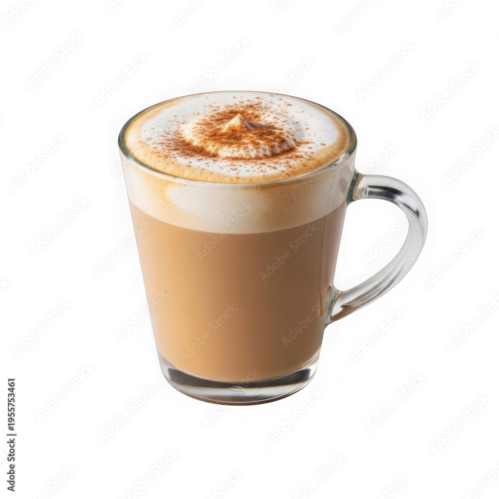 Obraz premium Glass mug of latte coffee with cinnamon on top