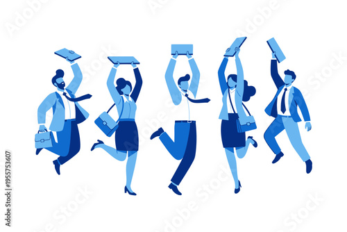 Business people jumping with documents.