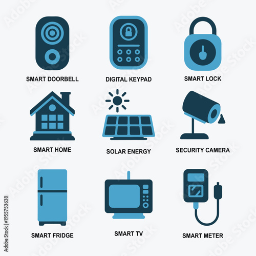 Smart Home Automation and Security Icons Vector Illustration Set with Digital Keypad Camera Solar Energy and IoT Appliances Intelligent Technology Concept Isolated on White Background EPS