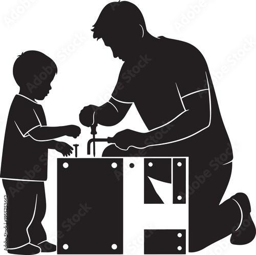 Silhouette of a father and son working on a DIY construction project using a hammer and tools.