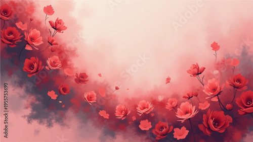 Vibrant pink and red poppies bloom in a whimsical floral wreath on a soft gradient background