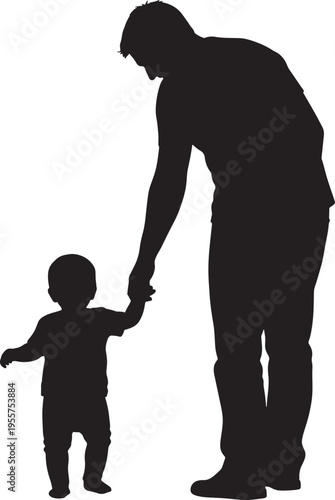 Silhouette of a tall father holding the hand of his toddler child as they take a walk together.