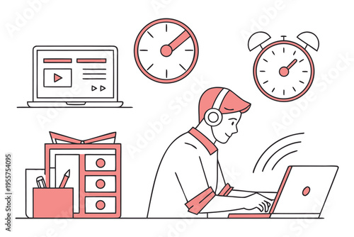 remote productivity habit icons set, laptop focus session timer, daily workflow tools, minimal vector icons.