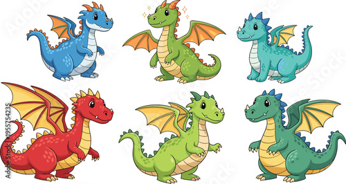 Cute Cartoon Dragon Character Vector Set with Colorful Fantasy Baby Dragons for Kids Illustration, Storybook Design, Game Assets, Nursery Decor, and Magical Creature Collections