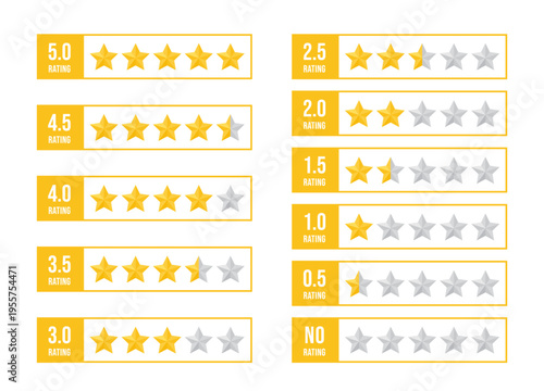 5 star rate. Yellow gray feedback rating signs. Five review icons. Satisfaction golden mark. Product evaluation rank isolated on white background. Appraisal system quality. Vector illustration.