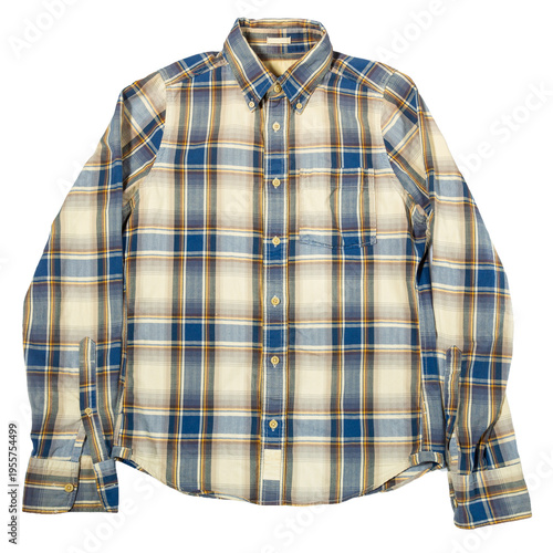 Classic long sleeve men's plaid button down shirt with blue checkered pattern on white background