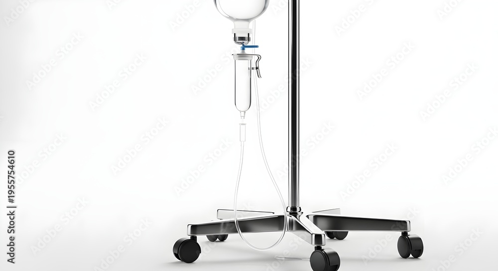 Fototapeta premium IV drip stand with clear IV bag and tube on a wheeled base against a white background for medical equipment and healthcare settings