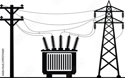 Electric power transformer, transmission tower, utility pole, high voltage power lines, electrical infrastructure, energy distribution, electrical grid