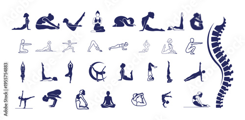 Yoga Poses and Spine Health Icon Set