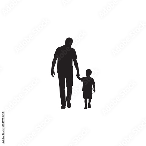 Father holding hands with small child silhouette walk together on white background representing family bonding and parenthood moments