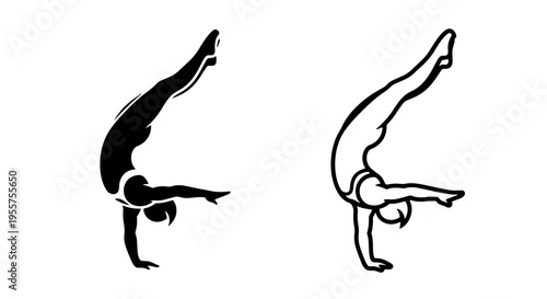 Gymnast in handstand pose, silhouette and outline illustration
