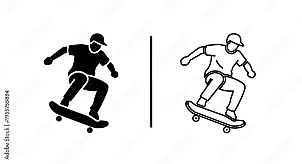 Fototapeta premium Skateboarding split icon, person riding skateboard on white background