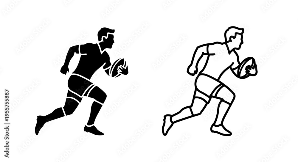 Naklejka premium Rugby player icon silhouette and outline vector - running athlete with ball