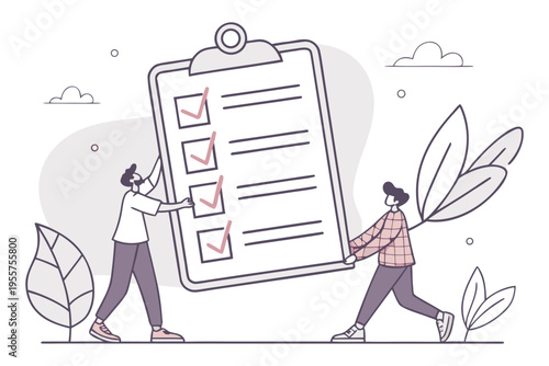 tiny people carrying huge checklist illustration set, task management concept, minimal vector illustration.