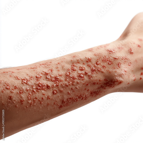 Severe Red Skin Rash on Human Arm – Close-Up of Allergic Reaction or Dermatitis, Medical Condition Isolated on White Background