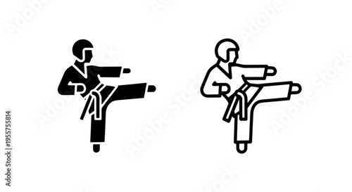 Martial arts fighter front kick icon, dynamic action silhouette and outline