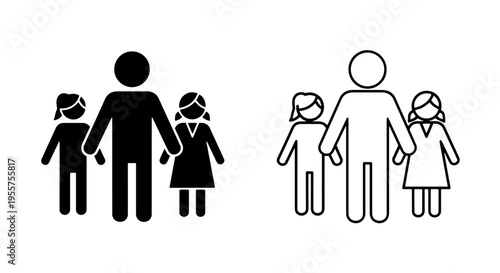 Family icon with father and two children, silhouette and outline representation