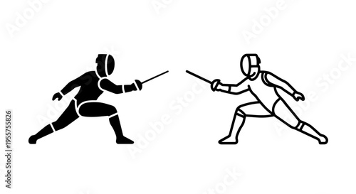 Fencing duel sport silhouette icon, two athletes with swords on white background