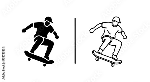 Skateboarding split icon, person riding skateboard on white background