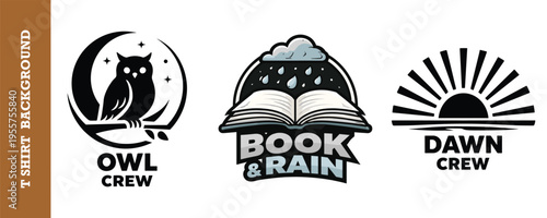 Creative and stylish t shirt logo designs featuring owl book and sunrise motifs perfect for book clubs reading groups and apparel branding