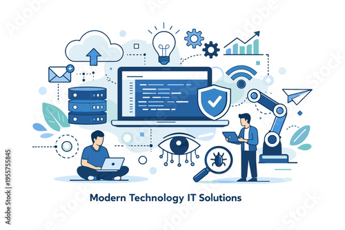 Modern IT solutions and cybersecurity flat vector illustration, software development, data protection and technology concept