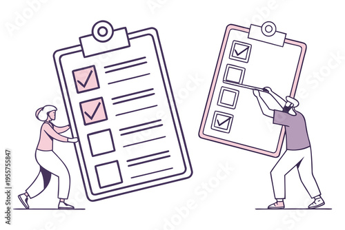 tiny people carrying huge checklist illustration set, task management concept, minimal vector illustration