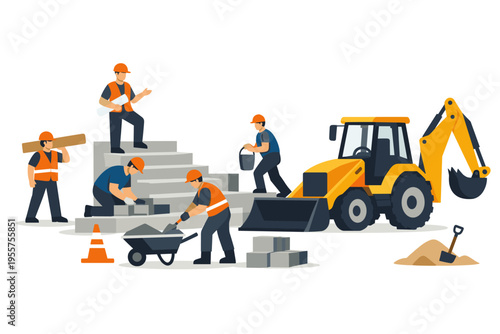 Construction Workers Building Road with Equipment, Tools and Heavy Machinery Illustration