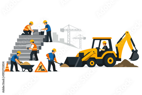 Construction Workers Building Road with Equipment, Tools and Heavy Machinery Illustration
