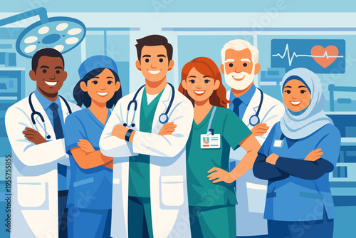 Diverse medical team of doctors and nurses flat vector illustration, healthcare professionals group in hospital, medicine and clinic concept