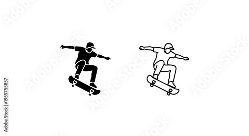 Skateboarder outline icon, person mid-air on skateboard on white background