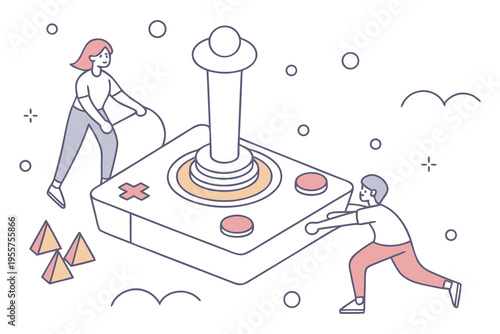 tiny people controlling giant joystick illustration set, gaming and technology concept.